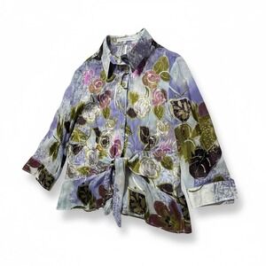 Robert Kitchen Blouse Womens XXL Purple Floral Silk Blend Tie Front Boho Artsy